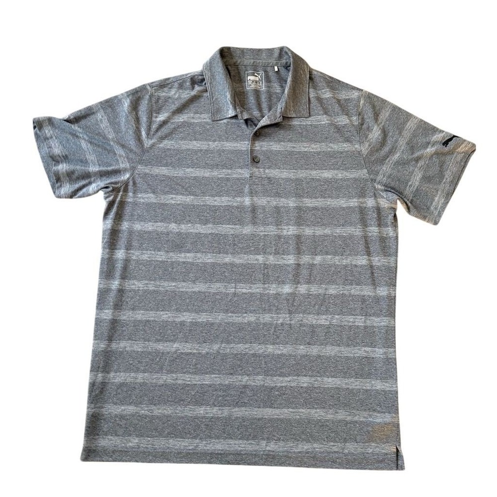 Puma Men's L Gray Striped Golf Polo Shirt Short Sleeve athleisure coach drycell